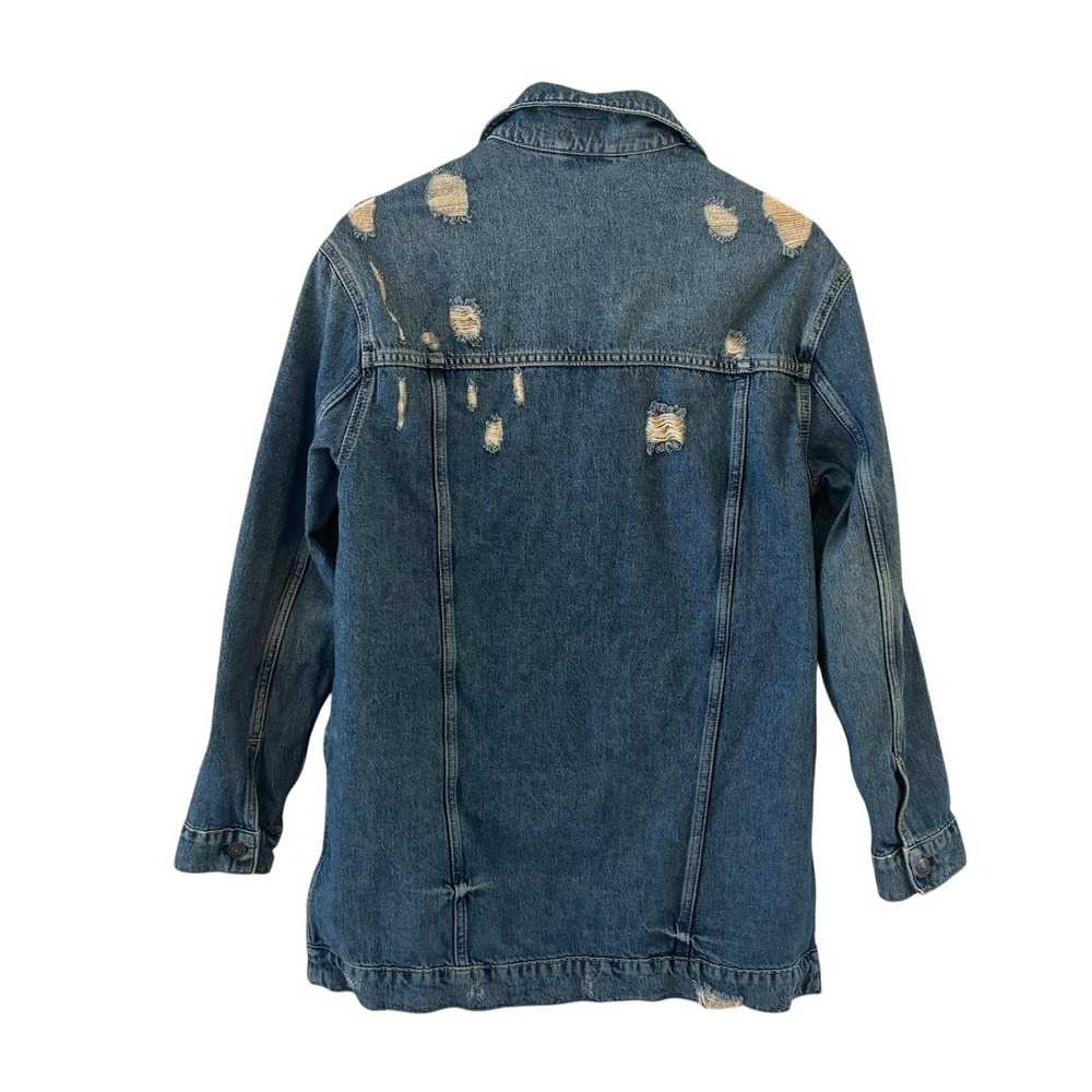 Free People We the Free Long & Lean Distressed Denim Jacket XS Oversized Trucker - Picture 3 of 14